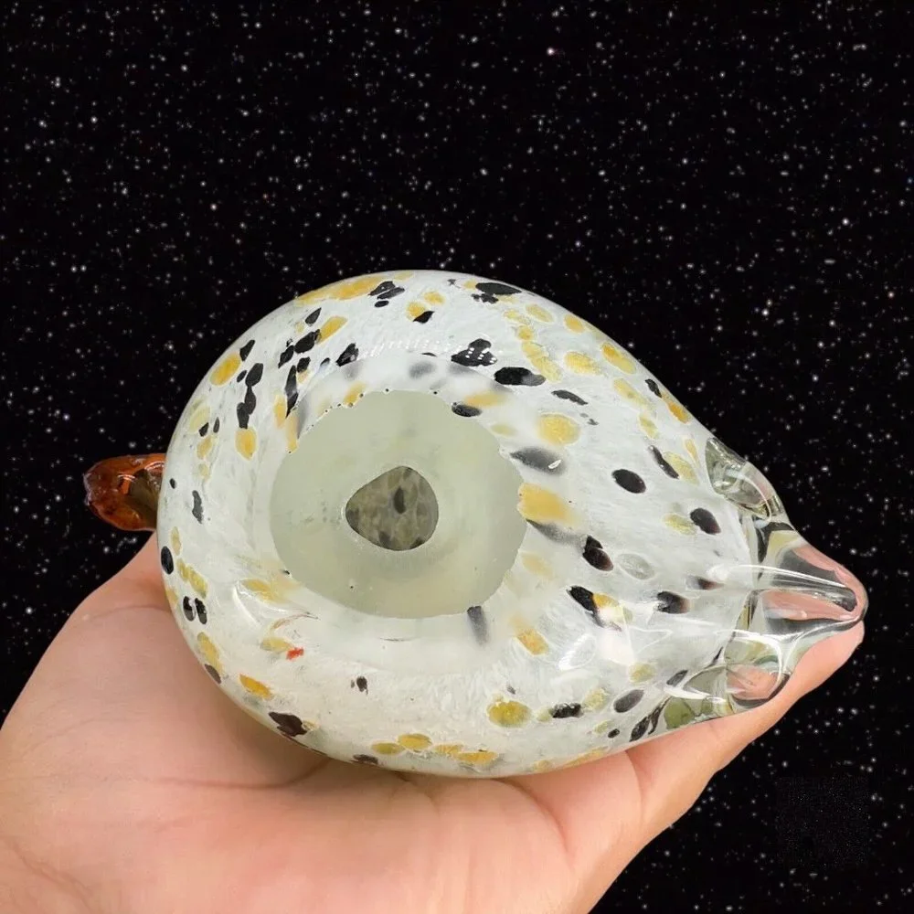 Hollow Owl Bird Art Glass Paperweight Figurine White With‎ Dots Amber Eyes Glass
